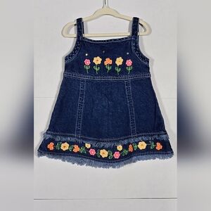 Denim Floral Embroidered Sundress - Navy Blue with Pink & Yellow Flowers